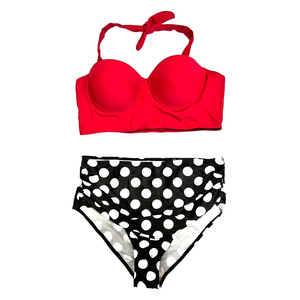 Two Piece Vintage Inspired Halter Bikini High Waisted Bottoms Womens Size XL NEW